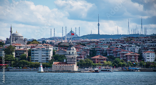 seascape. View from the sea through the Golden horn to the maiden tower in Istanbul.