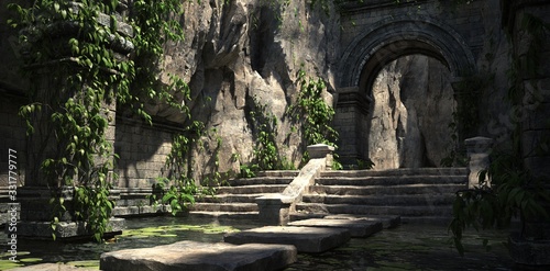 Ruins of the sacred temple with green vegetation. Beautiful natural wallpaper. 3D illustration.