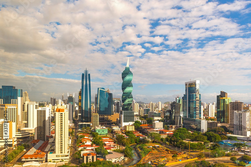 The urban skyline of Panama City with its skyscrapers of the Financial District at sunrise, Panama, Central America.