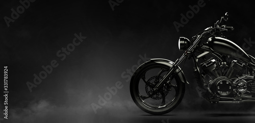 Black motorcycle on a dark background with smoke, side view (3D illustration)