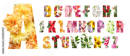 English alphabet letters with beautiful flowers on white background