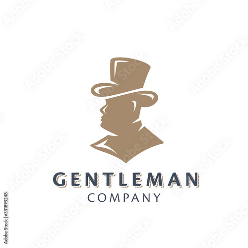 Gentleman In The Hat And Suit Bust Silhouette. Original Memorable Illustrative Graphic Symbol For Your Business. Nobleman Head Half Face Attractive Elegant Unique Sign. Vector Illustration.