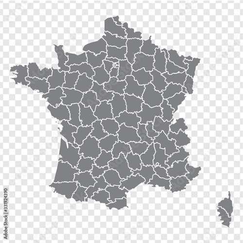 Blank map France. Departments of France map. High detailed gray vector map of France on transparent background for your web site design, logo, app, UI. Stock vector. EPS10. 