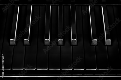 All black piano keyboard, close up of keys.