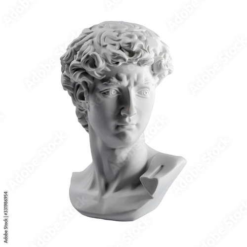 Gypsum statue of David's head. Michelangelo's David statue plaster copy isolated on white background. Ancient greek sculpture, statue of hero