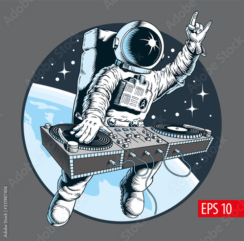 Astronaut dj with turntable in the space. Universe disco party comic style vector illustration.