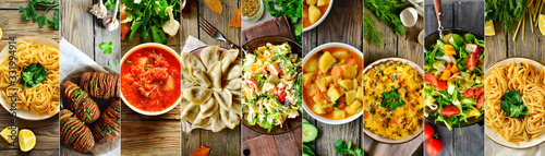 food collage. Appetizing varied food in the dishes. Vegetables and meat. Cooked food options.