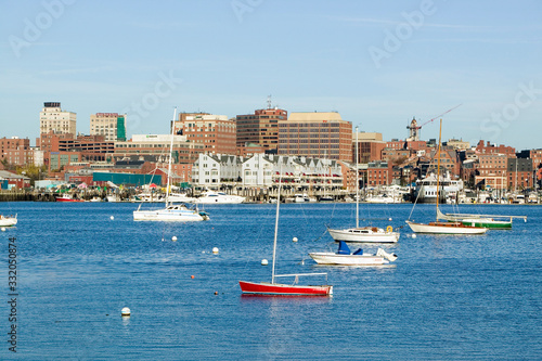 View of Portland Harbor boats with south Portland skyline, Portland, Maine