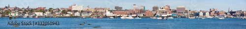 Panoramic view of Portland Harbor boats with south Portland skyline, Portland, Maine