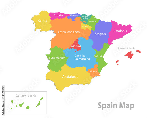 Spain map, administrative division, separate individual regions with names, color map isolated on white background vector