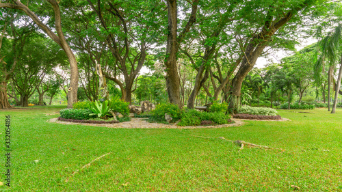 Smooth green grass lawn in good care maintenance garden, decorated with flowering plant, shurb and bush under shading trees on backyard, pattern of grey concrete stepping stone and gravel
