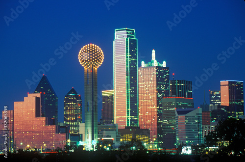 Dallas, TX skyline at night with Reunion Tower