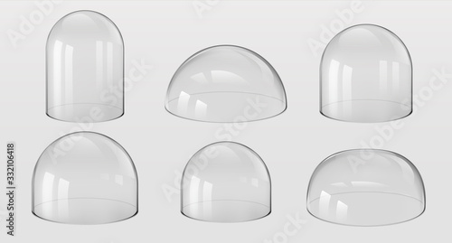 Glass domes. 3D Realistic spherical and hemisphere kitchen utensils, bell jars, laboratory and exhibition cases. Vector set isolated glossy shape vitrin safety on transparent background
