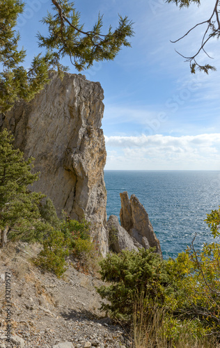 Cracked rock on Golitsyn trail near Novy Svet, Crimea, Russia.