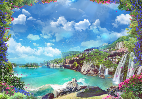Beautiful Italian coast with waterfalls and red flowers.Digital collage , mural and fresco. Wallpaper. Poster design. Modular panno.