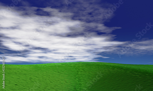Blue sky and beautiful cloud with meadow and sunshine. Plain landscape background for summer poster. The best view for holiday. picture of green grass field and blue sky with white clouds. 3D Render.