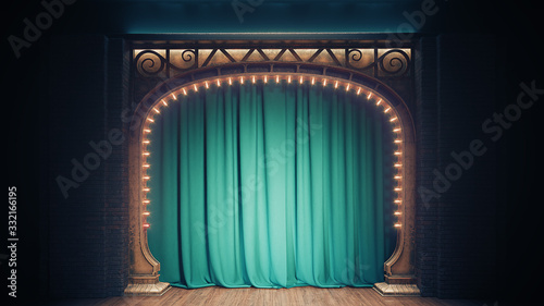 Dark empty cabaret or comedy club stage with green curtain and art nuovo arch. 3d render