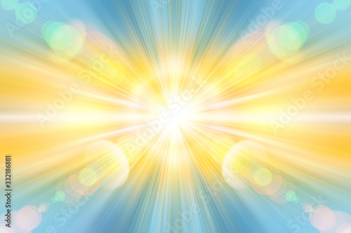 Abstract blur background pattern. Light blue abstract wallpaper background. Horizontal lights. Flash - rays of light in the space of the sky. Radiance of light. Energy, aura, yoga, meditation, bokeh.