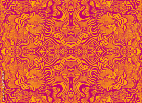 Abstract psychedelic fractal pattern, burgundy outline, orange color background.