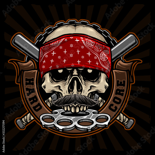 gangster skull with brass knuckle and red bandana vector design