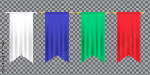 3d model of a realistic empty pennant, color changes easily. 3d realistic textile flag. Royal flag banners and heraldic pennants hanging on poles. Hanging realistic team pennants, canvas flags.
