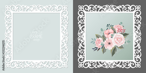 Laser cut lace square frame, vector template. Ornamental cutout photo frame with pattern. Vintage background with flowers inside the cut out frame.