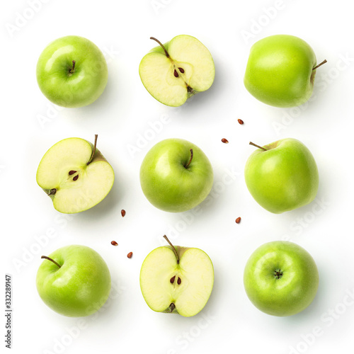 Fresh green apples with seeds isolated on white background. Fruits pattern, top view, flat lay