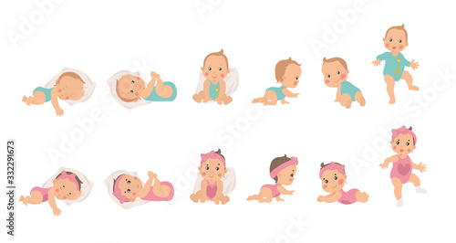 Set of young baby health and development icons for a boy and girl from newborn to sitting, crawling and finally waking, vector illustrations isolated on white