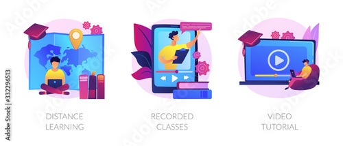Home education, remote university graduation, online educational materials icons set. Distance learning, recorded classes, video tutorial metaphors. Vector isolated concept metaphor illustrations