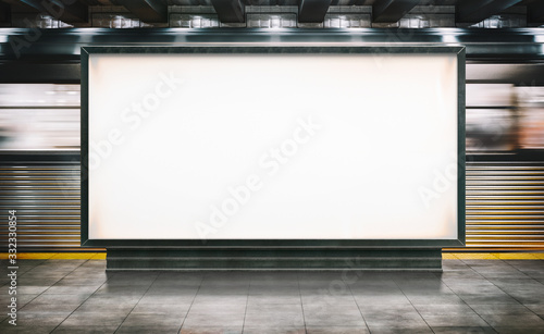 Mock up Horizontal Poster media template Ads display in NYC Train Subway Station with moving train on background. Realistic 3d render illustration