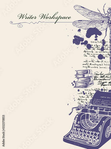 Vector banner on a writers theme with sketches and place for text. Vintage illustration with hand-drawn typewriter, books, dragonfly and unreadable handwritten notes with ink blots. Writer workspace