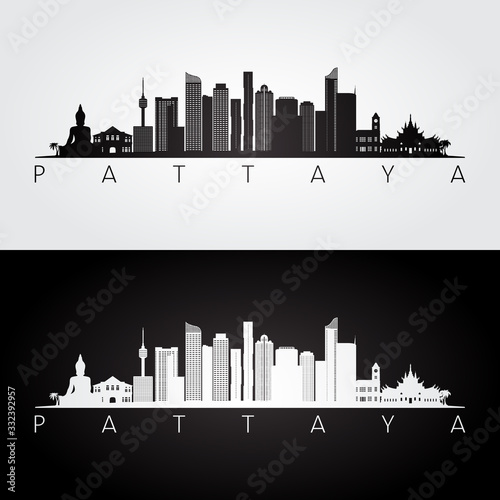 Pattaya skyline and landmarks silhouette, black and white design, vector illustration.