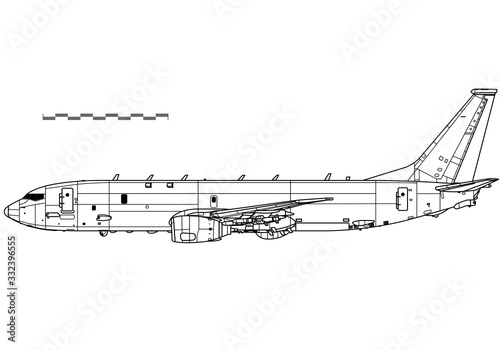 Boeing P-8 Poseidon with Harpoon anti-ship missiles. Vector drawing of maritime patrol aircraft. Side view. Image for illustration and infographics.