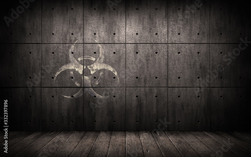 Grunge industrial background with biohazard symbol. Concrete slab wall in a dark room with bio hazard sign. Danger of coronavirus covid-19 spread. Creative design backdrop. 3d illustration