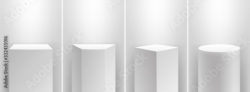 Museum stage. Realistic cubes podium, 3d exhibit displays. Gallery geometric blank product stands. Spotlight illuminates pedestal vector set. Realistic podium museum, blank pedestal box illustration