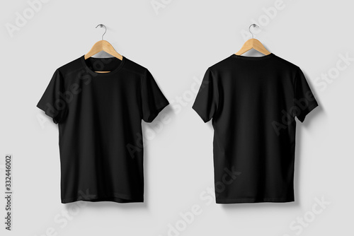 Black T-Shirt Mock-up on wooden hanger, front and rear side view. High resolution.