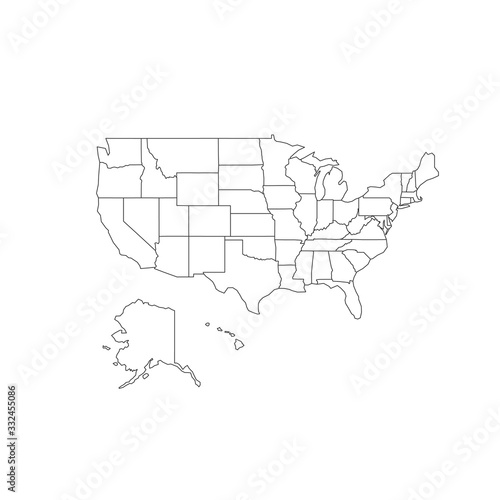 United States of America outline map, stroke with states bounds. Line style. Stock Vector illustration isolated on white background.
