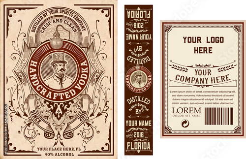 Vintage liquor labels template. Front, back and top sides