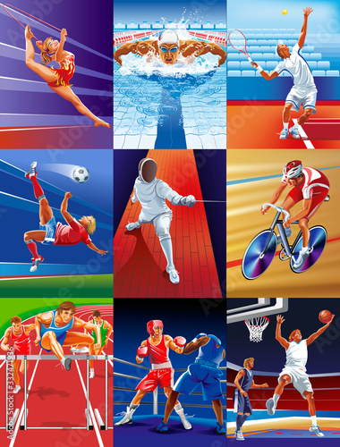 Set of sports vector illustrations. 9 sports: gymnastics, swimming, lawn tennis, football, fencing, track Cycling, steeplechase, Boxing, basketball