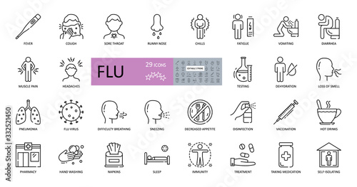 Set of vector flu icons with editable stroke. Symptoms, treatment and prevention of colds. Virus, fever, sneezing, runny nose, fatigue, headache, muscle pain, pneumonia, vomiting, cough, sore throat