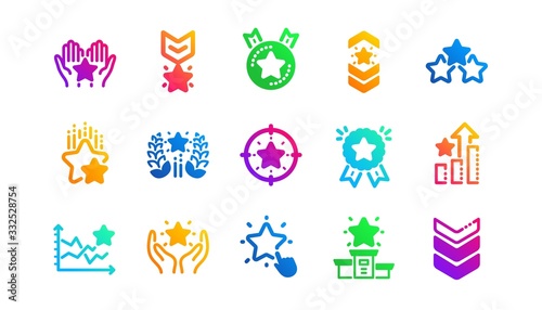 First place, star rating and winner medal. Ranking icons. Shoulder strap, army achievement and star ranking icons. Classic set. Gradient patterns. Quality signs set. Vector