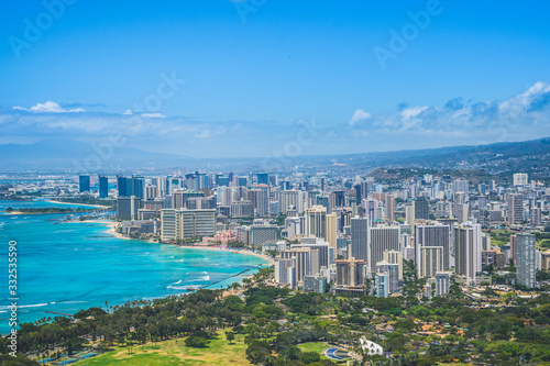 Honolulu Waikiki Beach panorama from the Diamond Head crater in Oahu, Hawaii