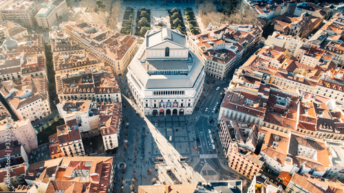 Royal Theatre building Teatro Real in Madrid.Major opera house located in Plaza de Isabel II. Aerial cityscape of Madrid landmarks