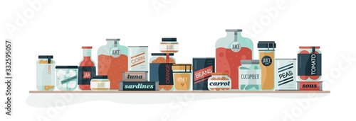Different types of cartoon glass and cans with pickled vegetables banner isolated on white. Red tomato juice, jam, homemade preserves and various canned food on shelf vector flat illustration