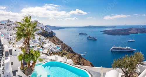 Luxury summer travel and vacation landscape. Swimming pool with sea view. White architecture on Santorini island, Greece. Beautiful landscape with sea view