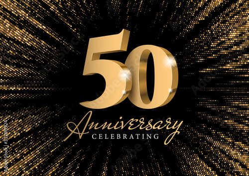 Anniversary 50. gold 3d numbers. Against the backdrop of a stylish flash of gold sparkling from the center on a black background. Poster template for Celebrating 50th anniversary event party. Vector