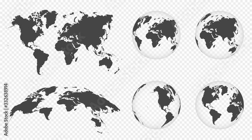 Set of transparent globes of Earth. World map template with continents. Realistic world map in globe shape with transparent texture and shadow. Abstract 3d globe icon