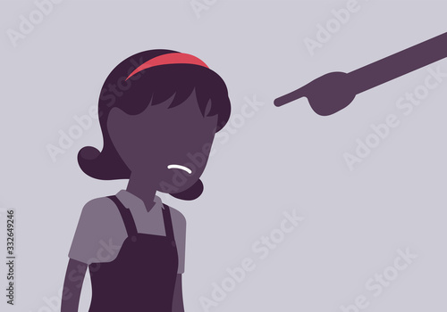 Punishment for girl, adult finger pointing to guilt, punish. Strict discipline strategies to control child behavior, physically or emotionally damaging method. Vector illustration, faceless character