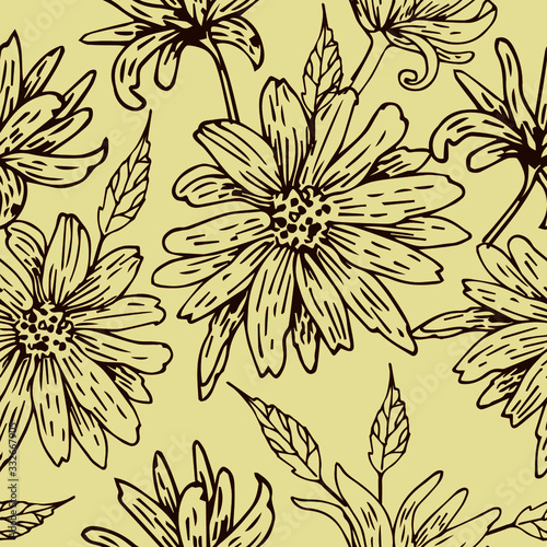 Vector freehand sketch - seamless floral pattern from leaf and flowers. Natural summer background