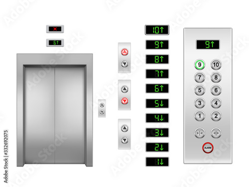Realistic vector elevator door and buttons, up and down arrows with floor indicator. Metal or steel closed lift door and panel with green and red lights, panel and display. Gate for building interior